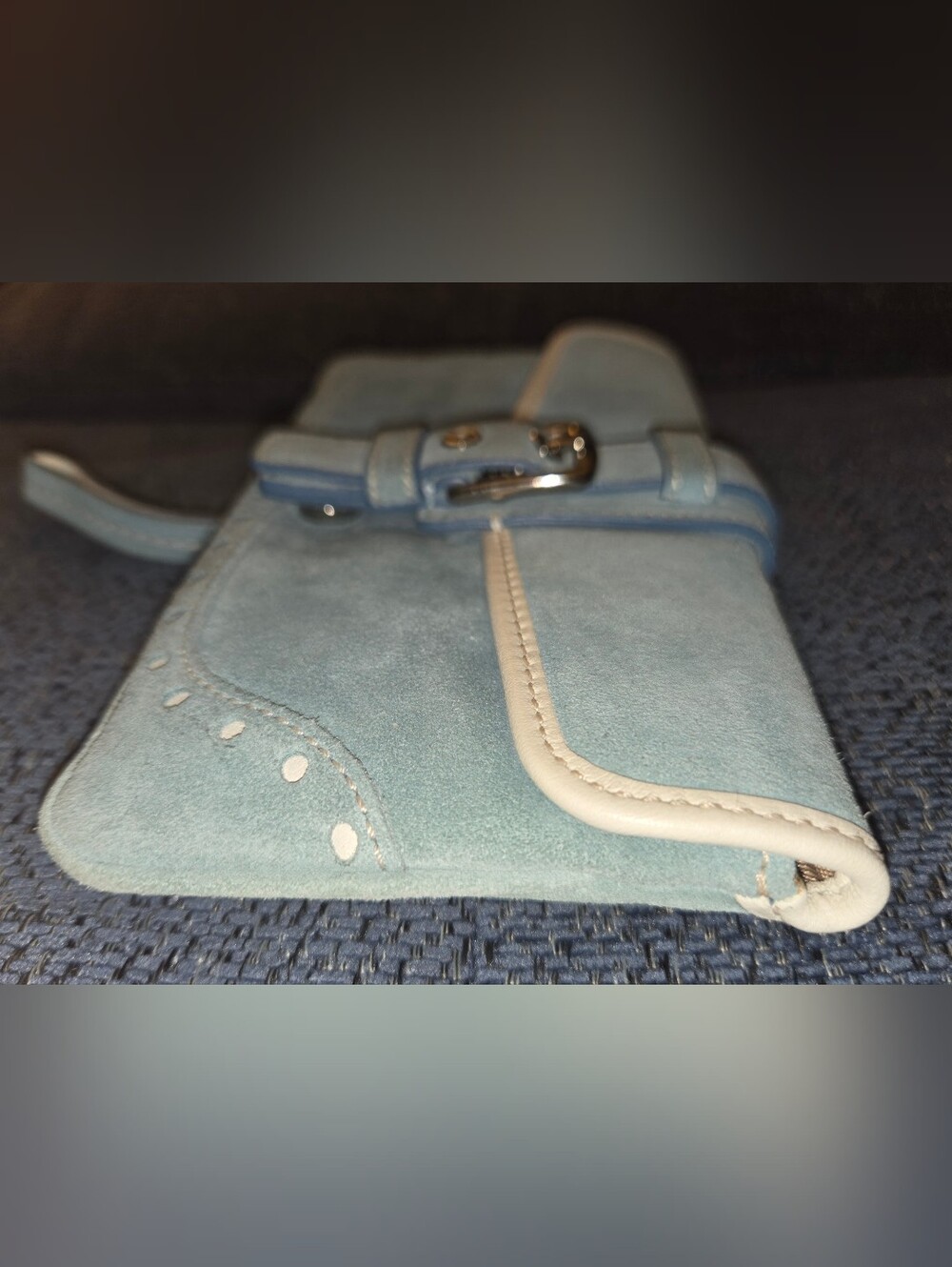 Coach Light Blue Suede Wristlet Clutch with Cream Trim & Buckle - Picture 6 of 7